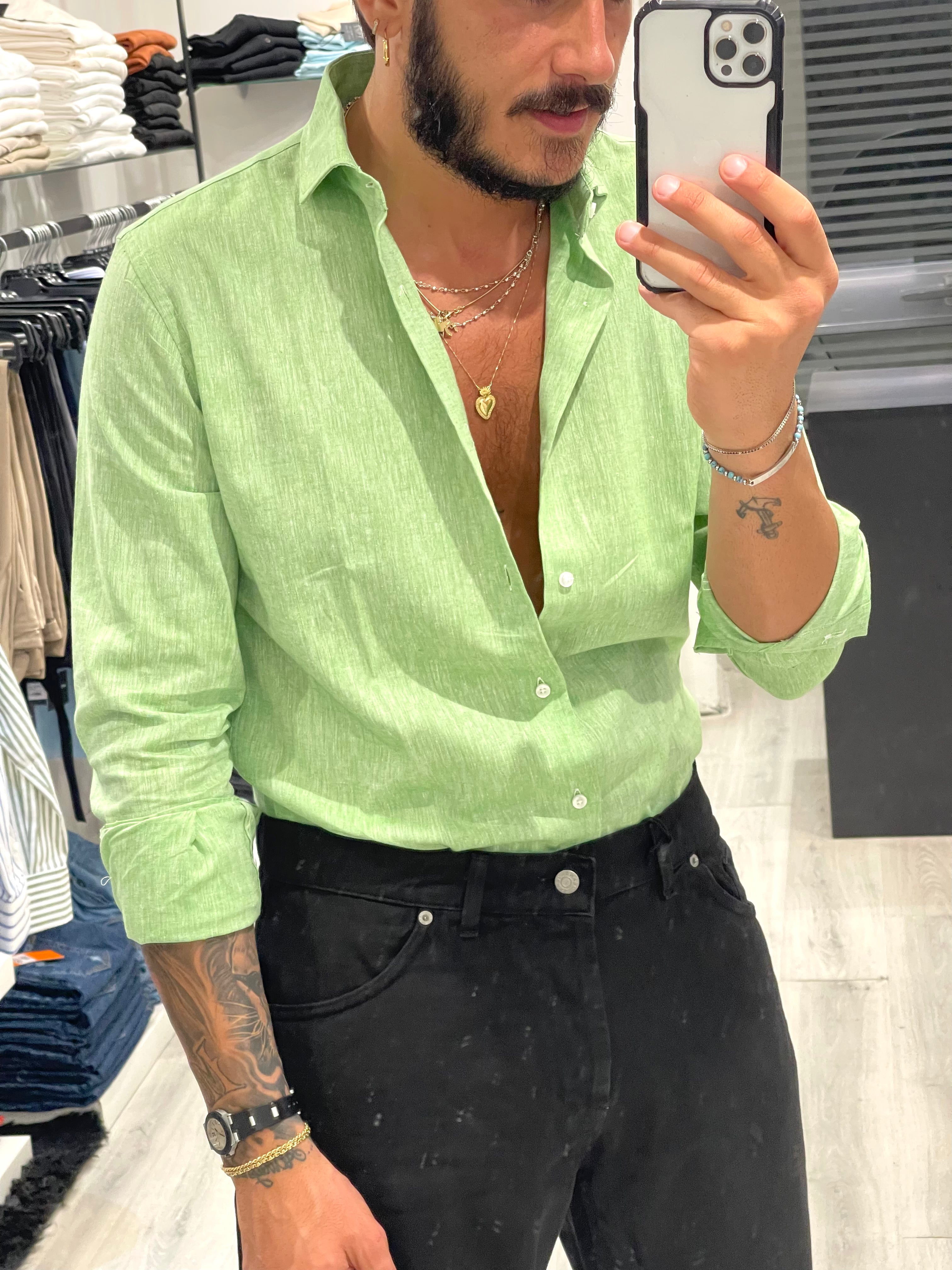 Camicia sartoriale in 100% lino - Verde acido