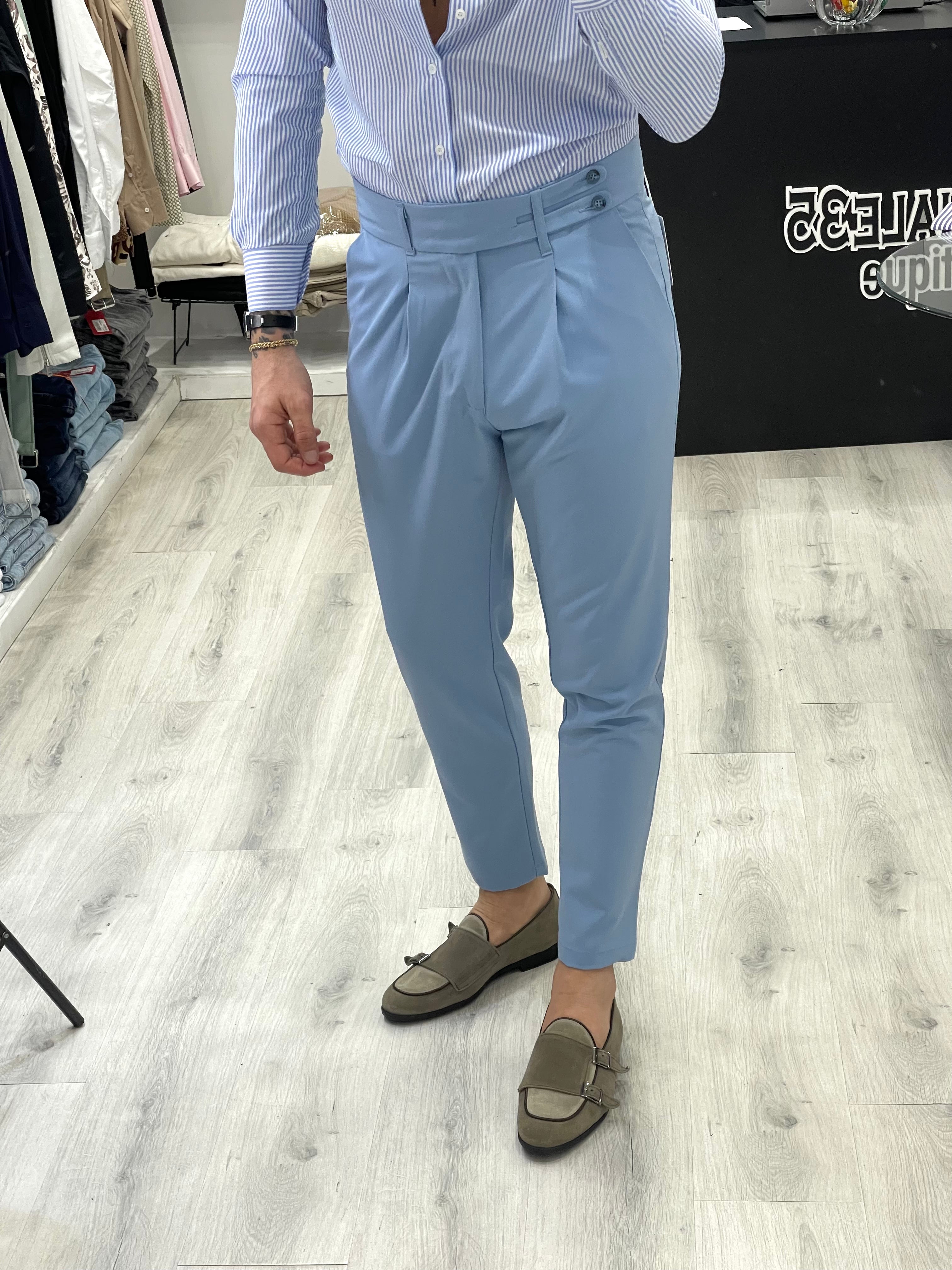 Pantalone sartoriale vita alta  BIFORCATO - Celeste