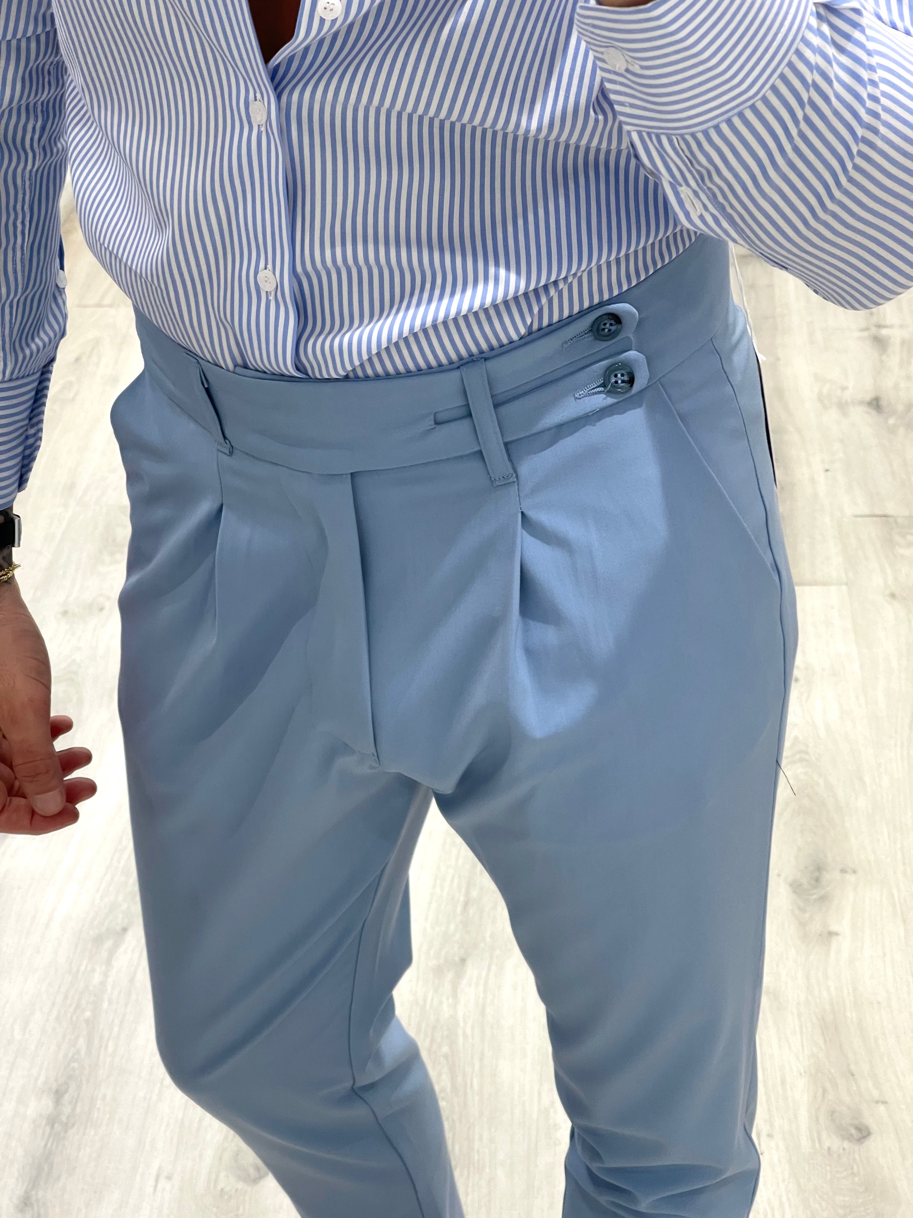 Pantalone sartoriale vita alta  BIFORCATO - Celeste