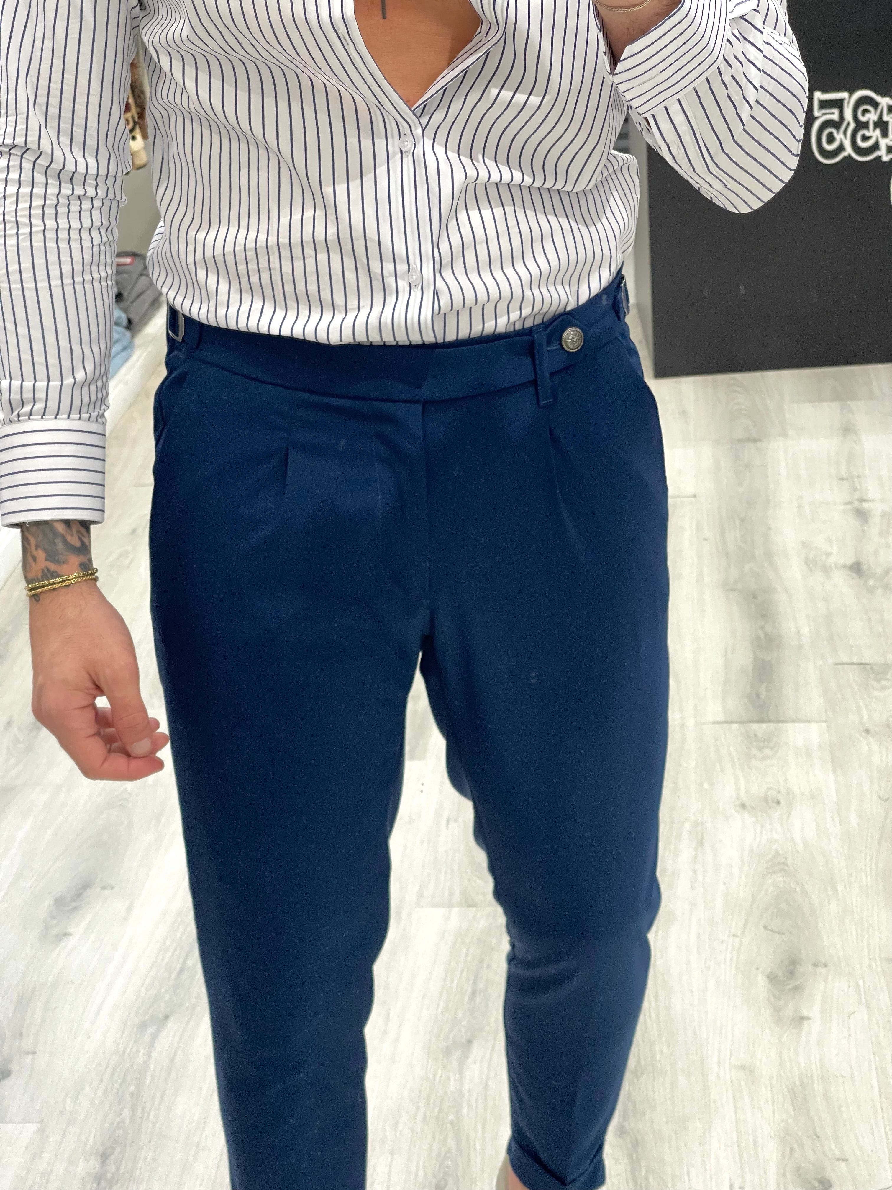 Pantalone sartoriale BLU NOTTE con doppia fibbia e bottone a tono