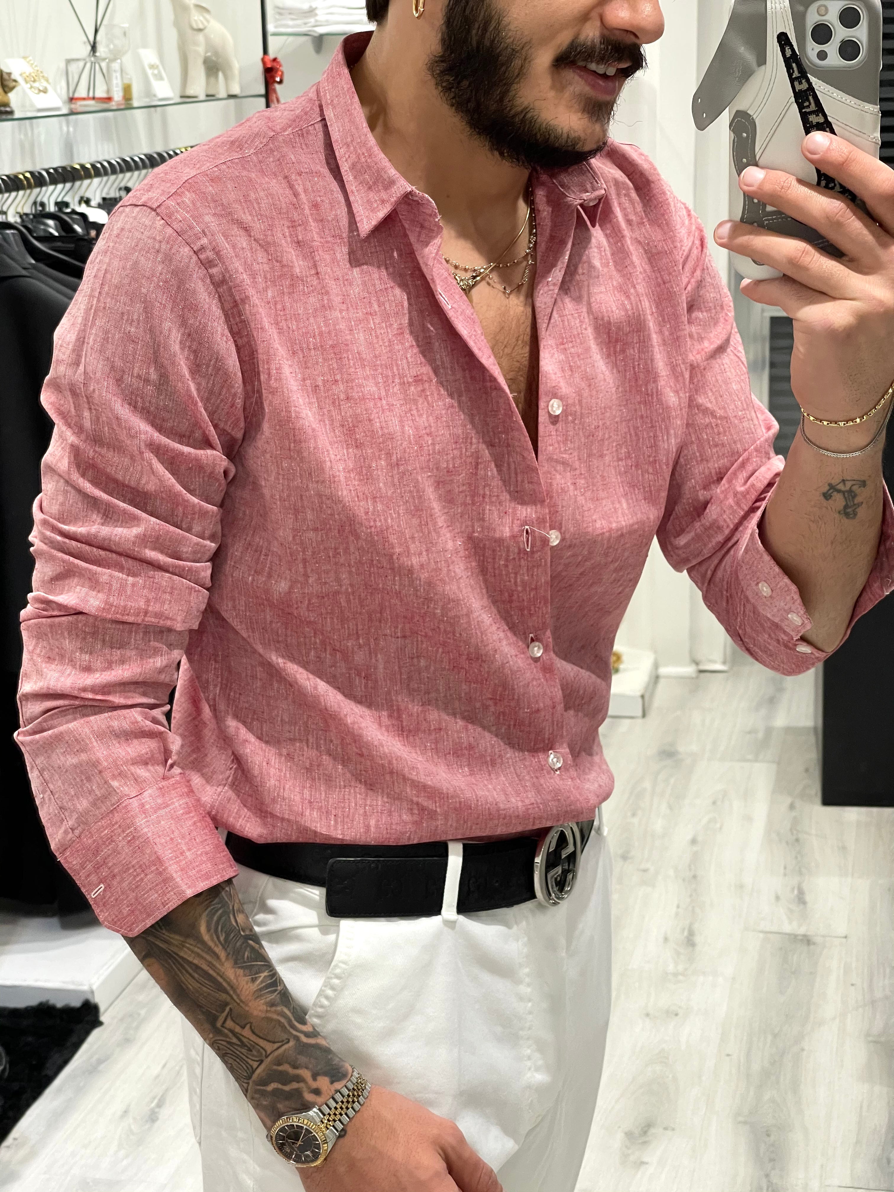 Camicia SARTORIALE in 100% LINO- CORALLO