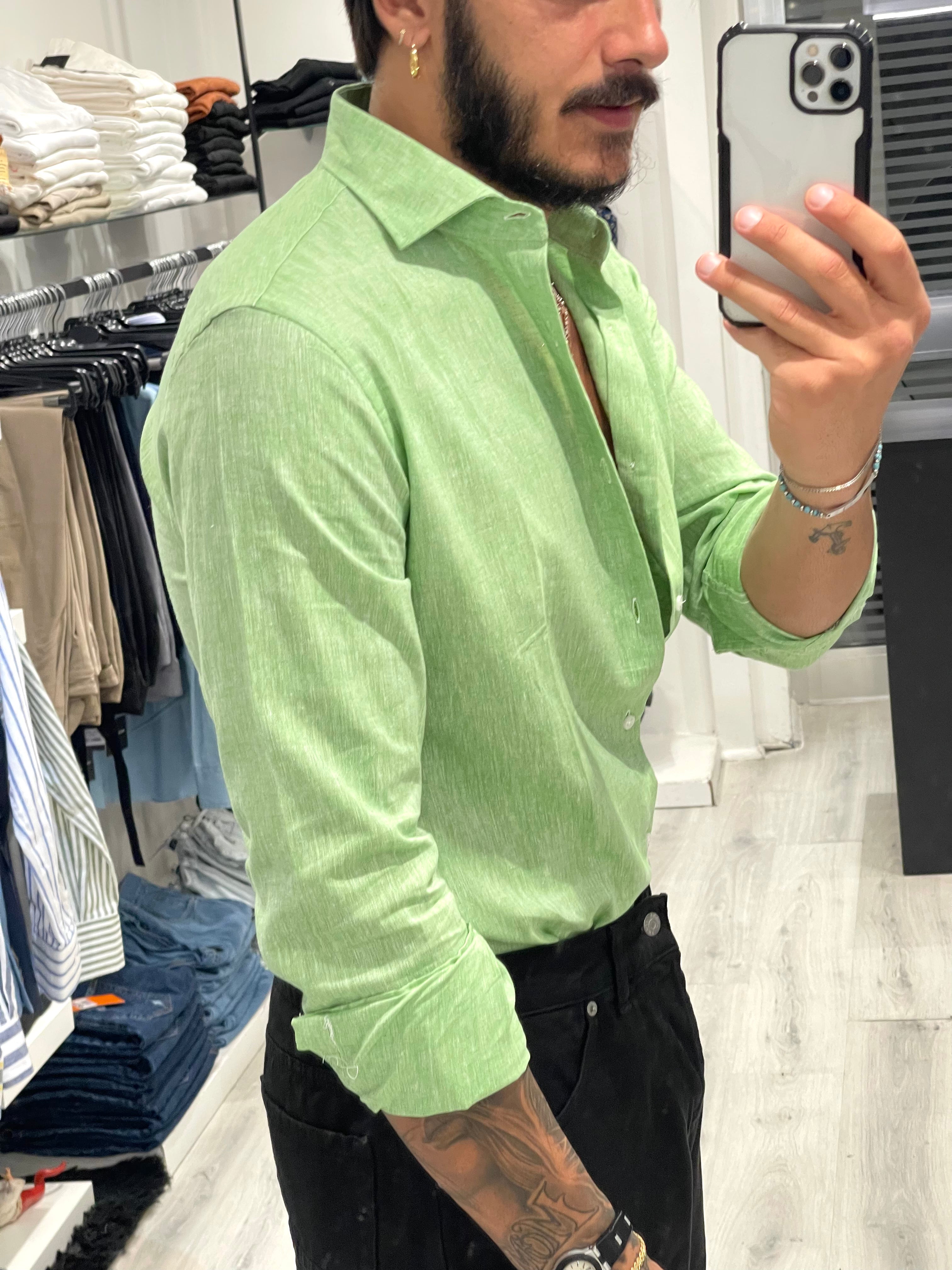 Camicia sartoriale in 100% lino - Verde acido