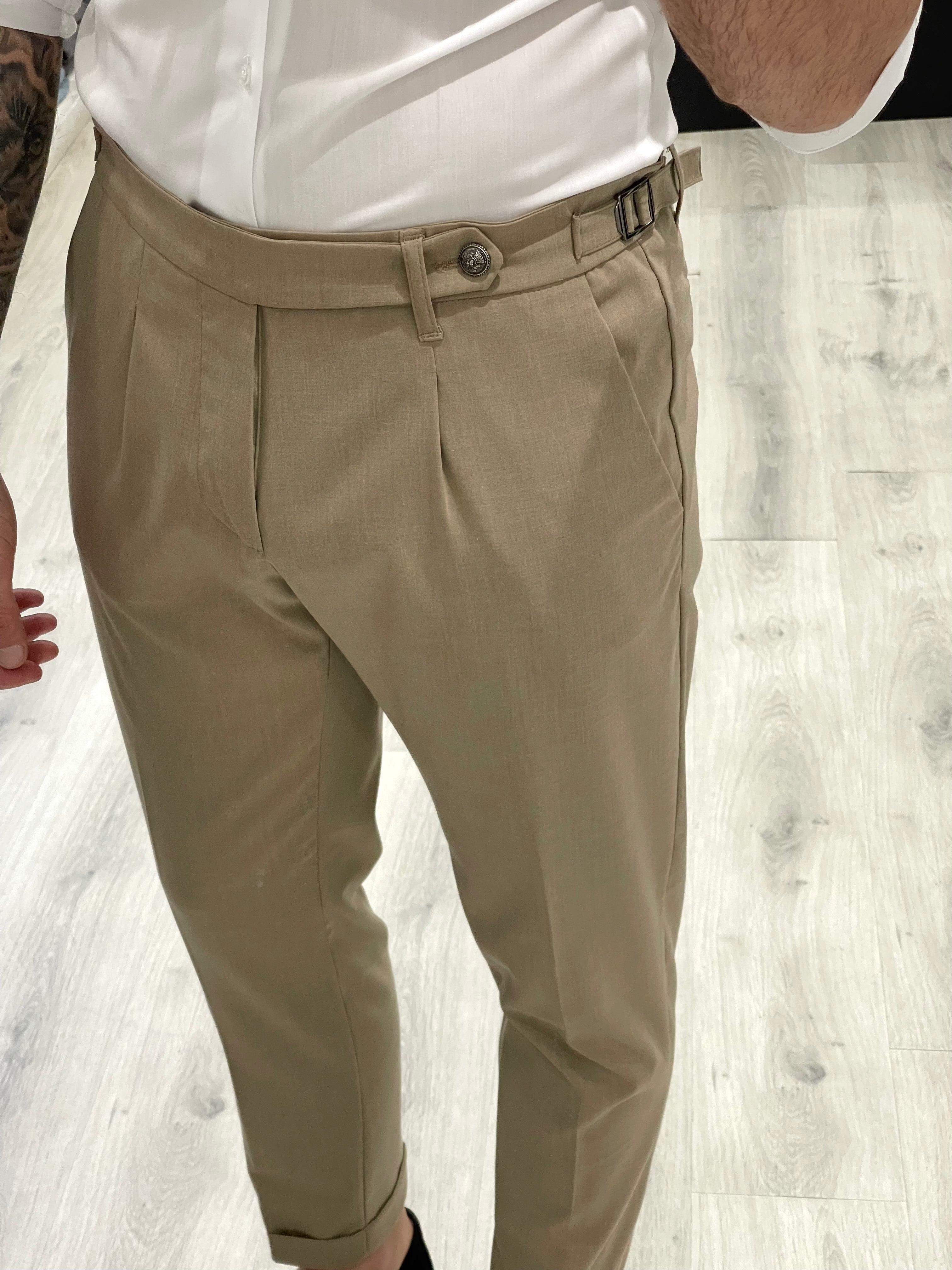 Pantalone sartoriale con doppia fibbia e bottone a tono Beige